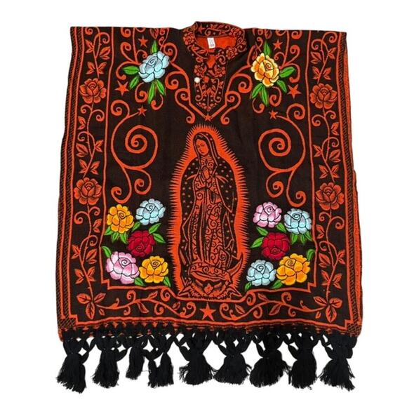 Artesanías San Martin Virgen de Guadalupe Embroidered Poncho in Multi Size OS​